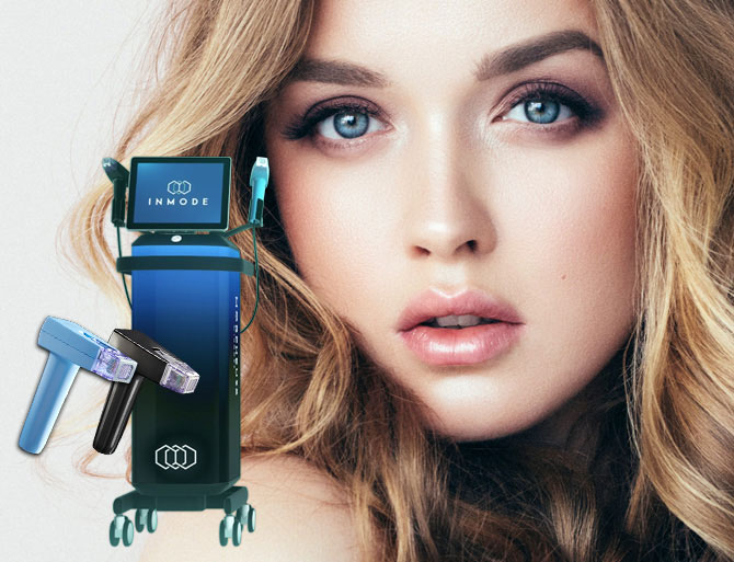 Stock image of a girl's face facing front and also morpheus8 equipment image